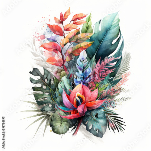 Watercolor tropical flowers. Illustration AI Generative