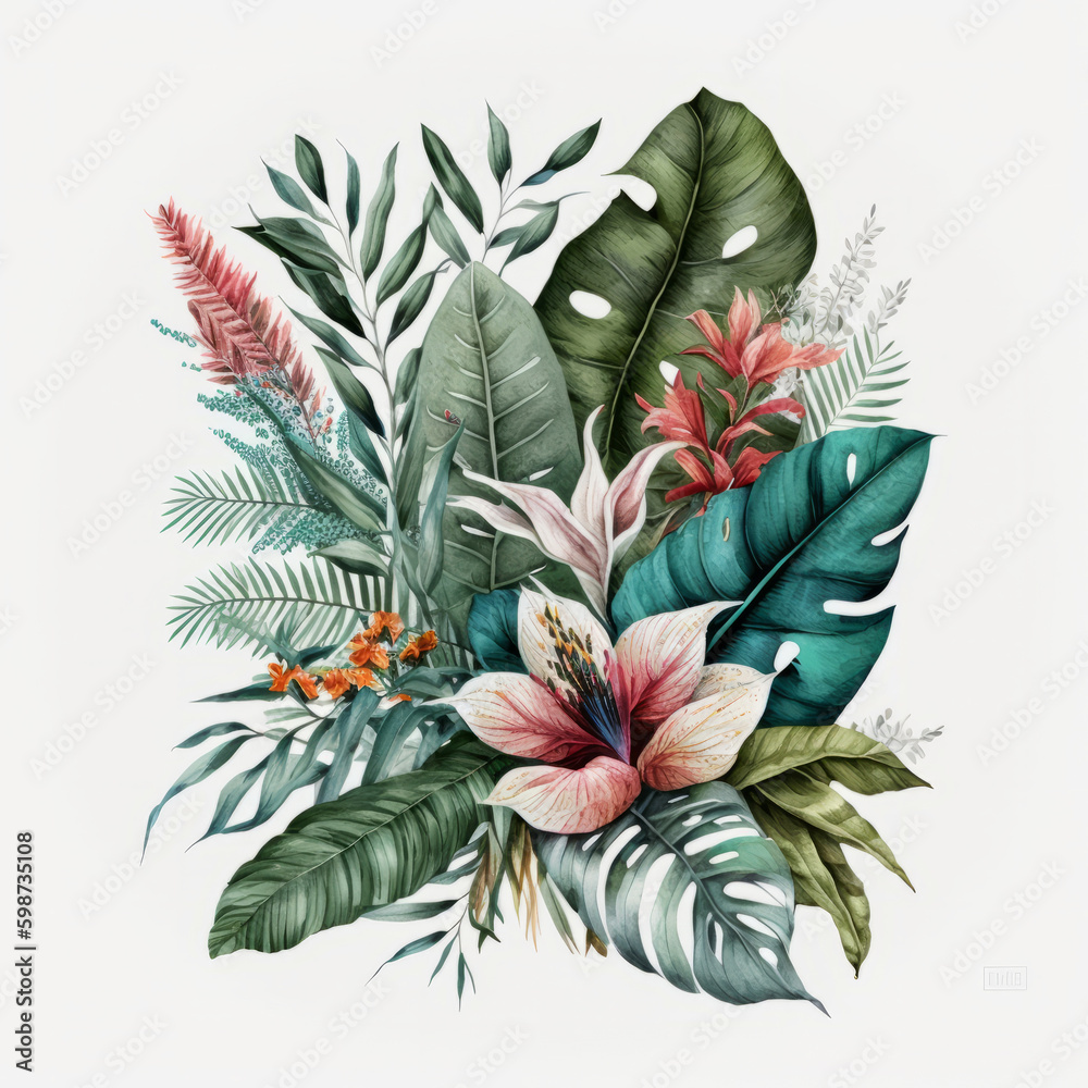 Obraz premium Watercolor tropical leaves. Illustration AI Generative.