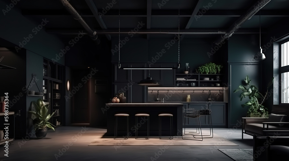 Modern home interior in dark colors loft. Generative Ai
