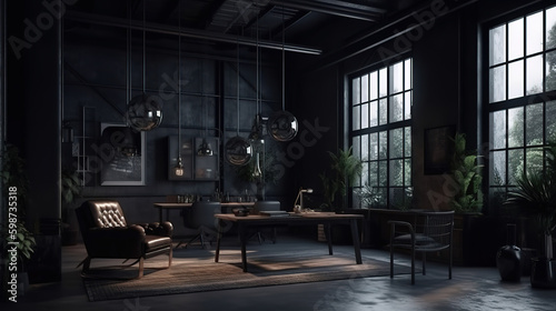 Modern dark home interior background, industrial style, 3d render. Generative Ai