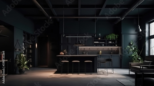 Modern home interior in dark colors loft. Generative Ai © hassanmim2021