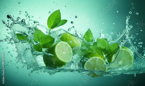  limes with leaves and water splashing on a green background.  generative ai