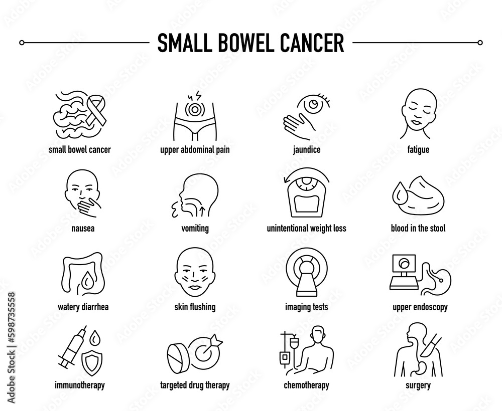 Small Bowel Cancer symptoms, diagnostic and treatment vector icon set