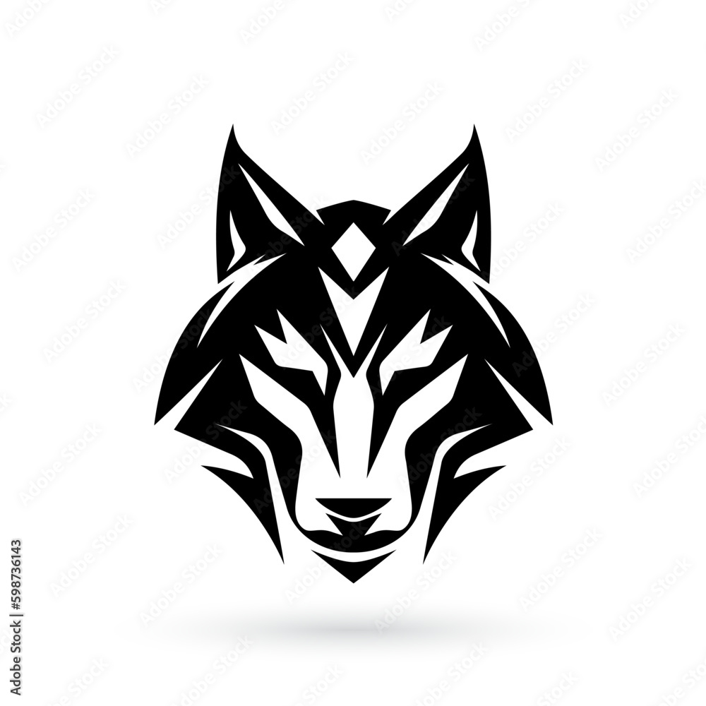 Wolf head tribal logo with a shadowy intensity, simplified forms and bold shapes on white background Wolf head tribal logo with a shadowy intensity, simplified forms and bold shapes on white background
