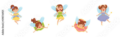 Cute Girl Fairy with Magic Wand Flying with Wings Vector Set. © Happypictures