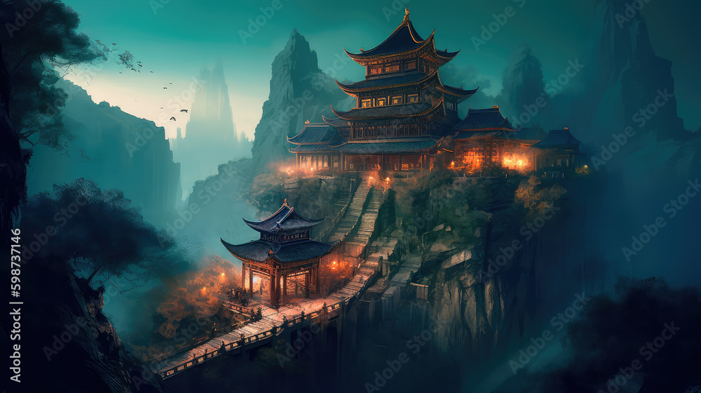 Ancient Chinese temple deep gorge. Generative AI