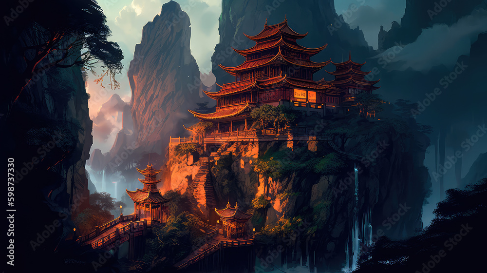 Ancient Chinese temple deep gorge. Generative AI - obrazy, fototapety, plakaty 