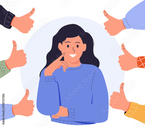 Happy young woman surrounded by hands with thumbs up. Concept of public approval, acknowledgment by audience, positive Generative AI