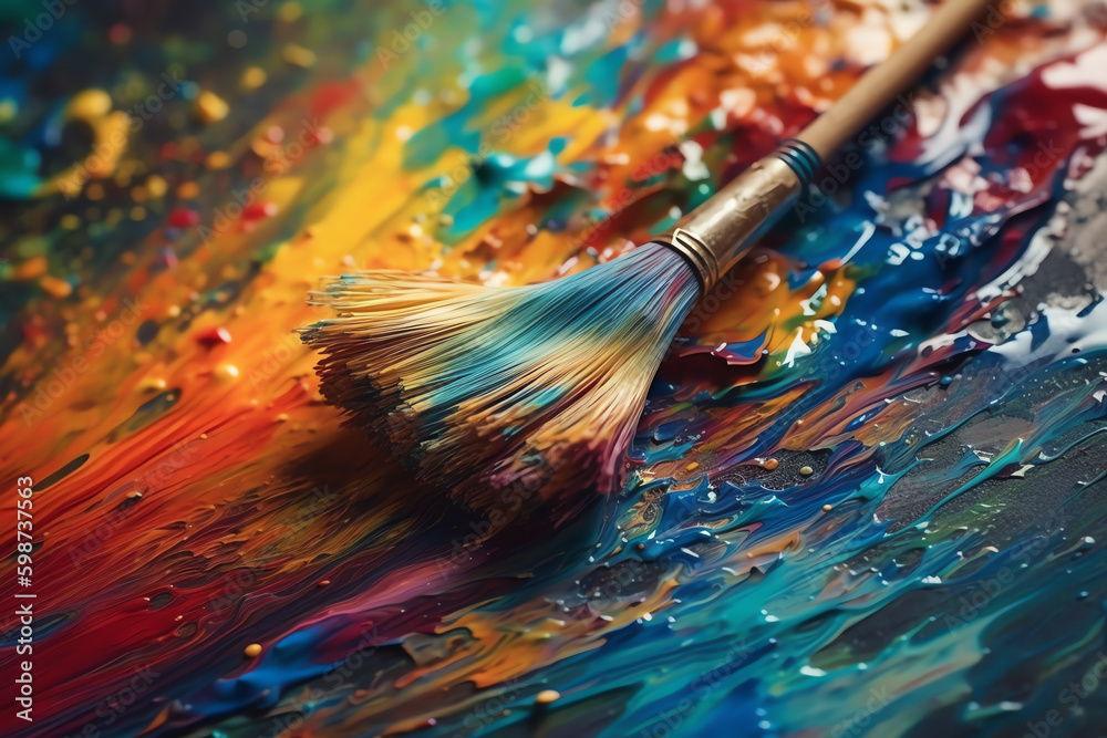 Fototapeta premium painter's brush swirling vibrant paint colors onto a canvas. generative AI