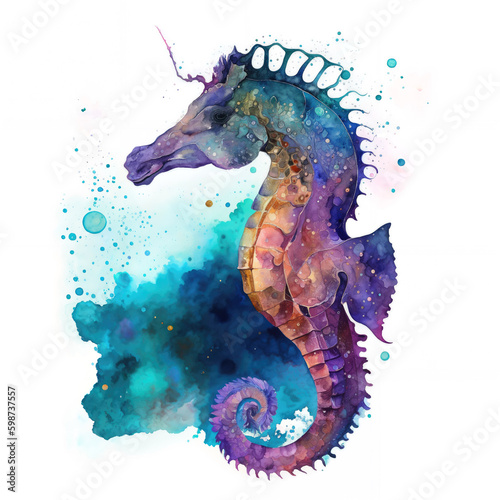 Watercolor galaxy painting illustration of a seahorse with transparent background. Generative AI
