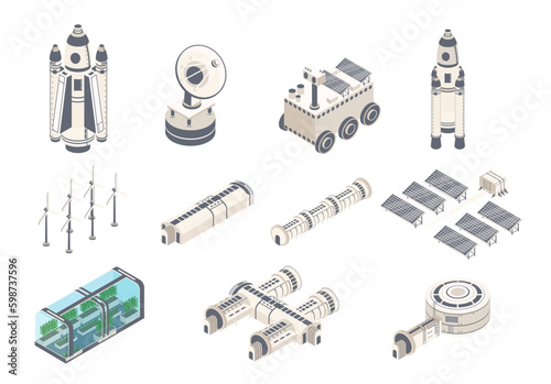 Mars isometrics set. Collection of graphic elements for website. Space craft, satellite, rover, solar panels and greenhouse. Cartoon isometric vector illustrations isolated on white background