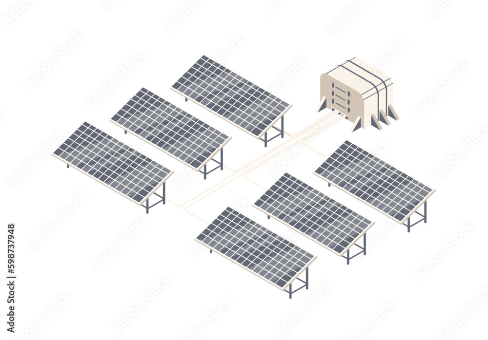 Solar panels on mars. Alternative sources of energy and electricity production on unexplored planet. Colonization and space expedition. Cartoon isometric vector illustration Solar panels on mars. Alternative sources of energy and electricity production on unexplored planet. Colonization and space expedition. Cartoon isometric vector illustration