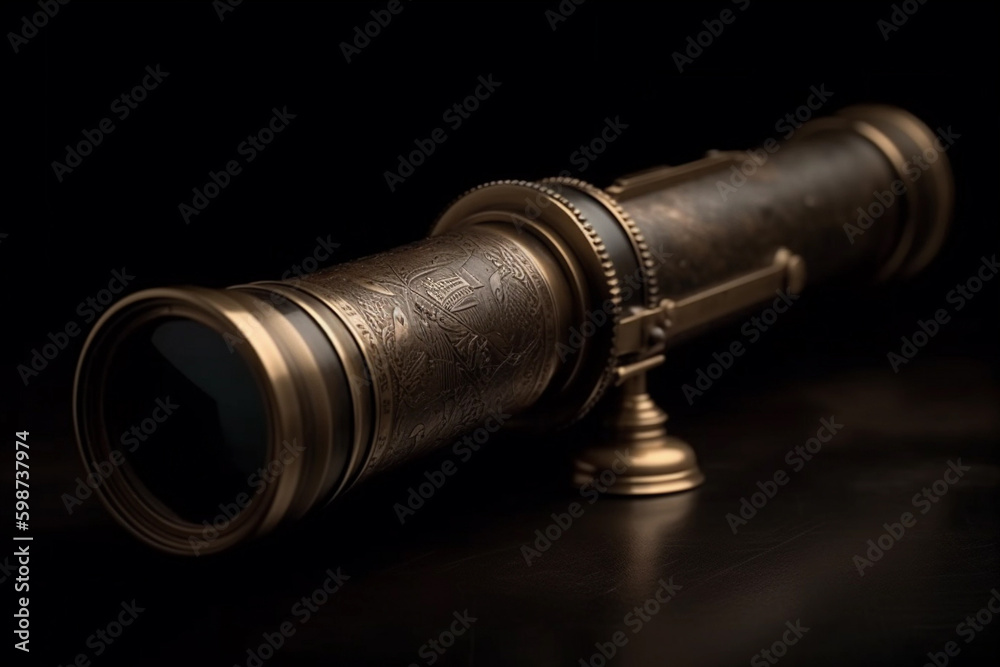 photography of an antique brass telescope. generative AI