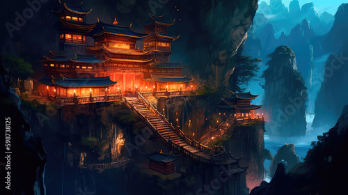 Ancient Chinese temple deep gorge. Generative AI © keks20034