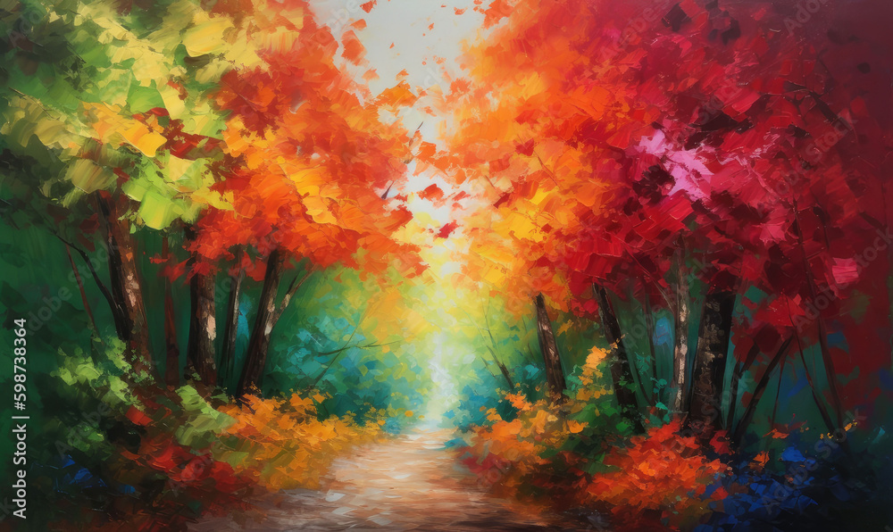 Autumn trees lining driveway. Colorful foliage. Watercolor. Generative AI