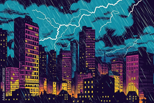 pop art style of a city during a thunderstorm with lightning striking. generative AI