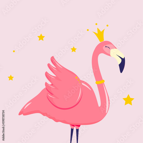 Postcard withCute Glamour Pink Flomingo in gold crown. Summer. Art. Vector. 