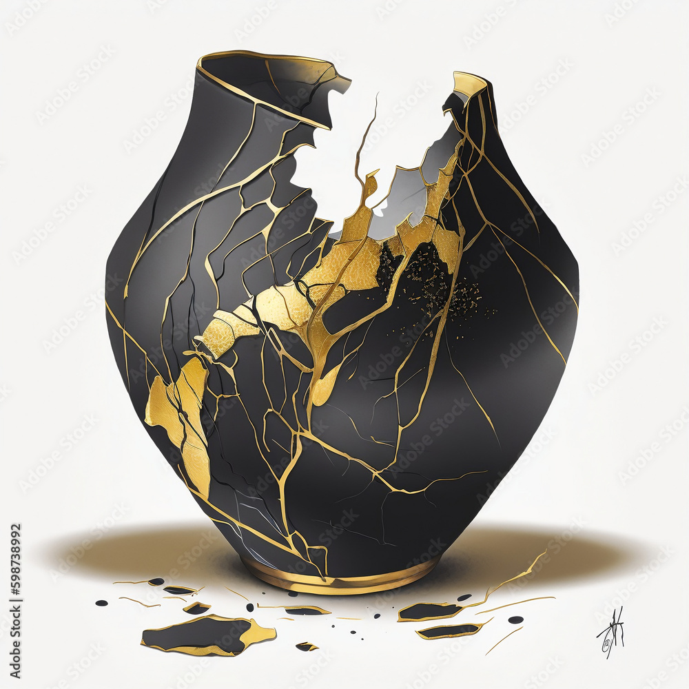 Broken vase, glued in Kintsugi style by gold, watercolor, black and