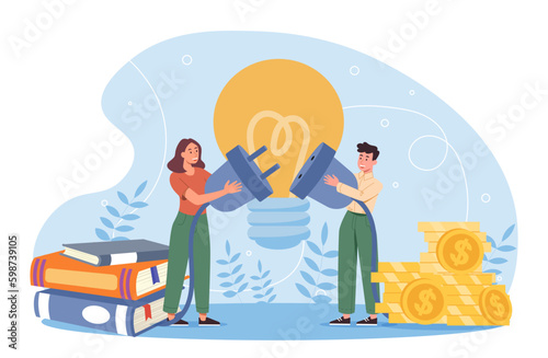 Merger of enterprises. Man and woman with gold coins and books on background of light bulb. Investor and entrepreneur. Investing in startup and business projects. Cartoon flat vector illustration