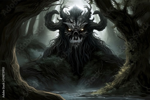 menacing horned demon lurking in a dark, ominous forest. Generative AI Generative AI photo