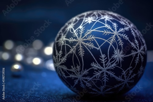 Blue Christmas Ball Ornament with White Snowflakes. Generative AI Generative AI