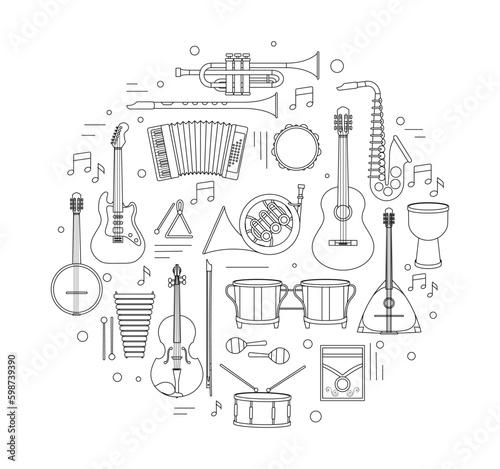 Musical instruments black and white. Minimalistic poster or banner. Triangle, banjo, psaltery, electric and acoustic guitar and drum. Cartoon flat vector illustrations isolated on white background