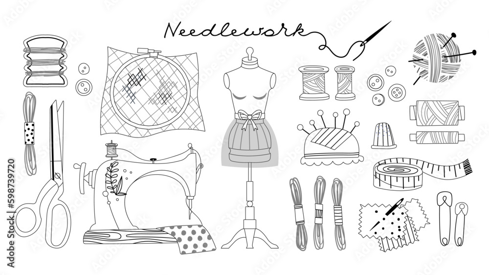 Needlework black and white set. Collection of minimalistic elements for site. Needles, mannequin and sewing machine. Atelier and tailor. Cartoon flat vector illustrations isolated on white background - obrazy, fototapety, plakaty 