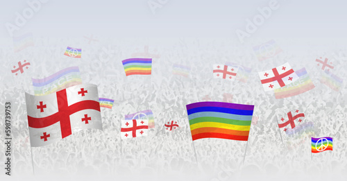 People waving Peace flags and flags of Georgia. Illustration of throng celebrating or protesting with flag of Georgia and the peace flag.