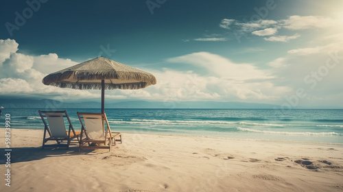 Seat and umbrella on the beach. Generative AI