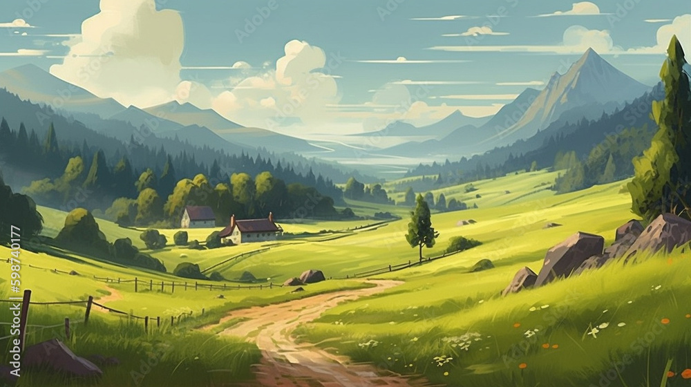 Scenic cartoon view of mountains and fields. Generative AI