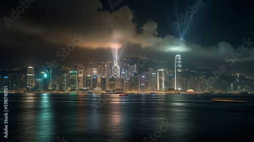 Modern metropolis across the sea at night. Generative AI