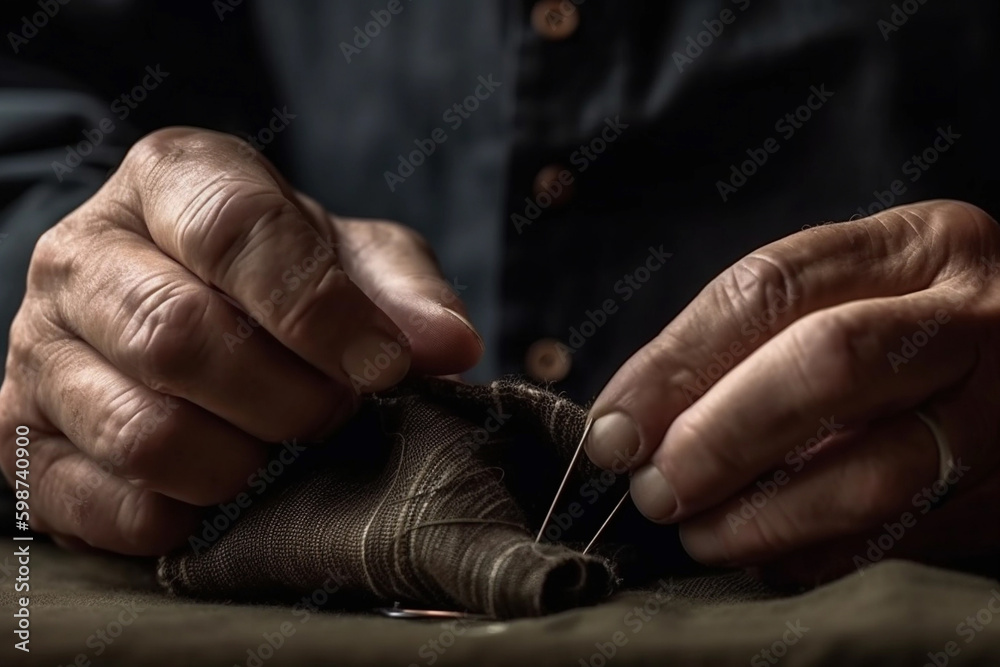 tailor's hands skillfully sewing fabric. generative AI