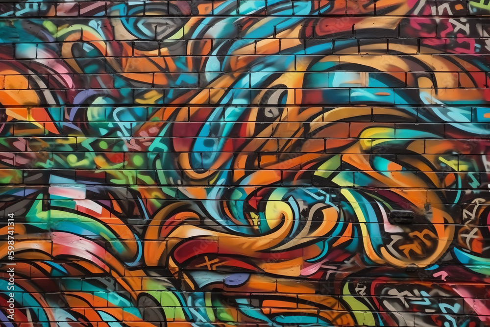 unique abstract colorful graffiti tag on a brick wall. generative AI