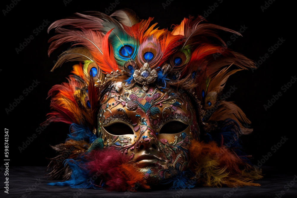 Venetian mask adorned with feathers and Swarovski crystals. generative AI