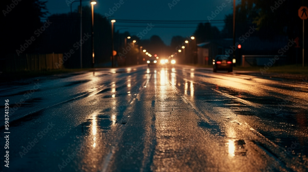 A wet road with some lights on at night. Generative AI