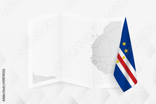 A grayscale map of Cape Verde with a hanging Cape Verde flag on one side. Vector map for many types of news.