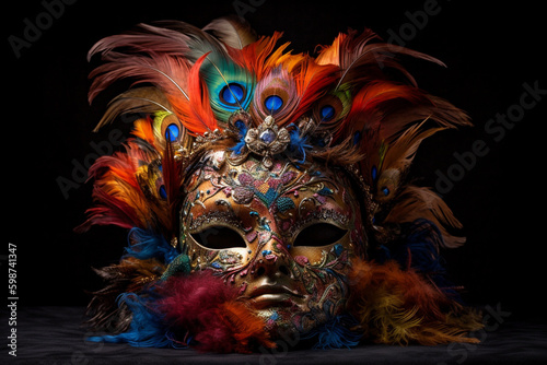 Venetian mask adorned with feathers and Swarovski crystals. generative AI © busra
