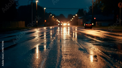 A wet road with some lights on at night. Generative AI © Aram