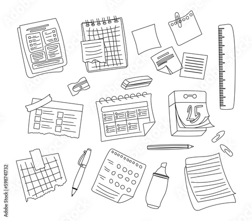 Paper lineart set. Collection of graphic elements for website. Organization of effective workflow, paperwork and place for notes. Cartoon flat vector illustrations isolated on white background photo