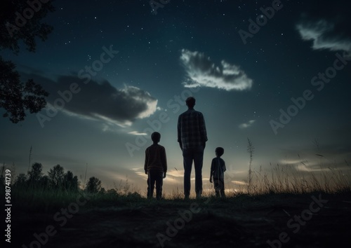 Stargazing with and Kids. Concept of Father's Day. Generative AI.