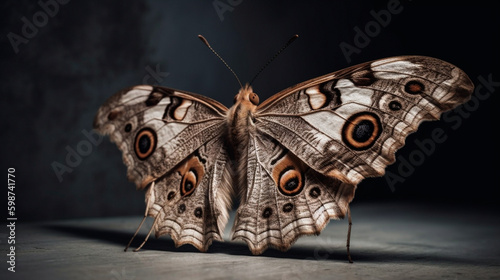 Beautiful moth with spread wings on gray background. Generative AI photo