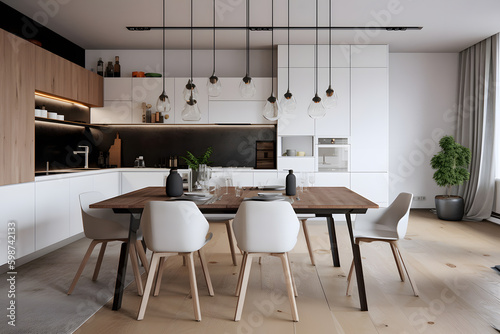 Modern kitchen interior with stylish white cabinet and wooden table chairs. Generative AI
