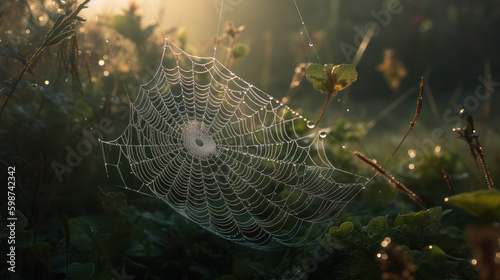 Glistening Beauty: A Cobweb in the Morning Dew. Generative AI
