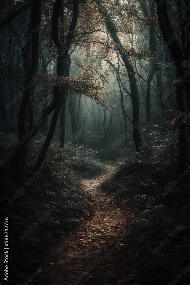 Fototapeta premium Dark forest, with a path in the middle, horror ambient, trees on the side. AI generative