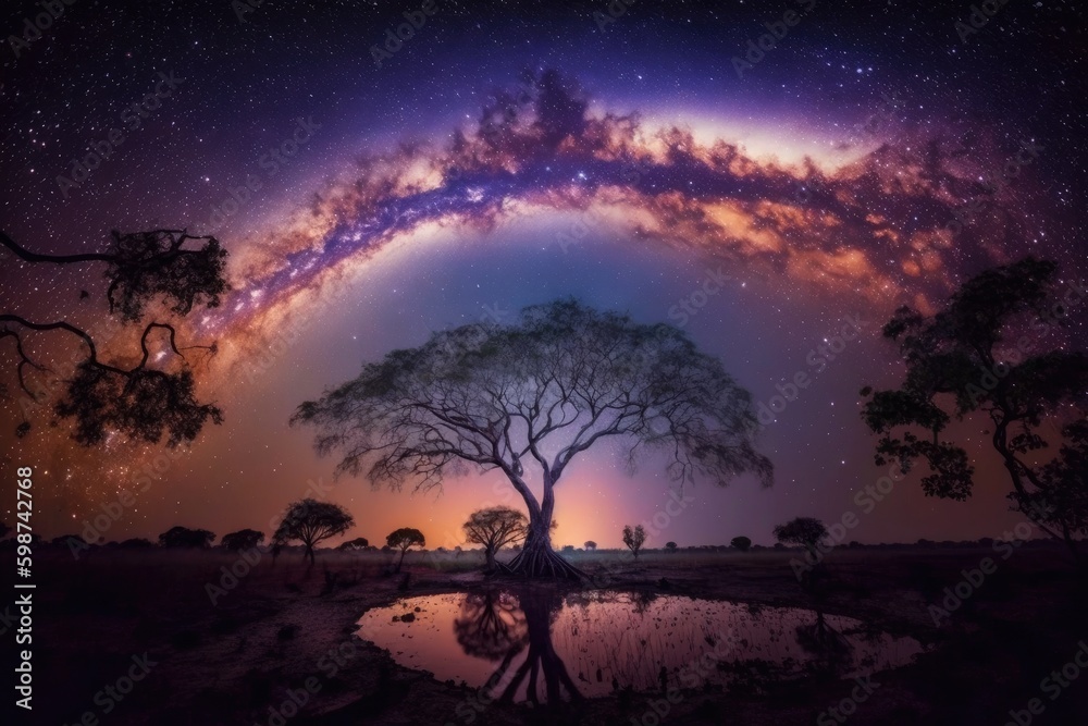 lone tree standing under a starry night sky in a vast field. Generative AI Generative AI lone tree standing under a starry night sky in a vast field. Generative AI Generative AI