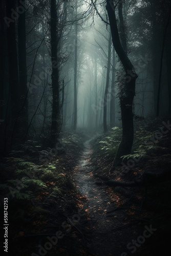 Dark forest, with a path in the middle, horror ambient, trees on the side. AI generative