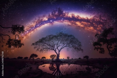 lone tree standing under a starry night sky in a vast field. Generative AI Generative AI