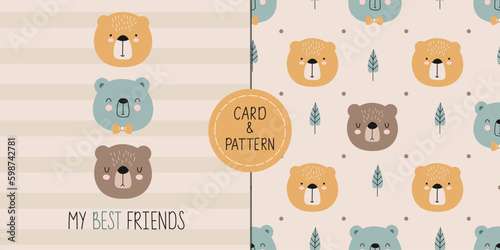 Seamless childish pattern with cute bear, trees and dots. Three cute bears with a quote are My best friends. Animal seamless background. Scandinavian style element for t-shirt print