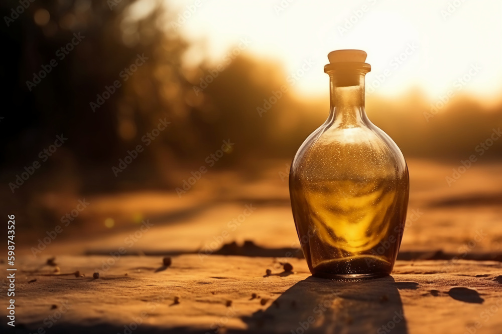 Golden olive oil bottle on wooden table olive field in morning sunshine. AI generative Golden olive oil bottle on wooden table olive field in morning sunshine. AI generative