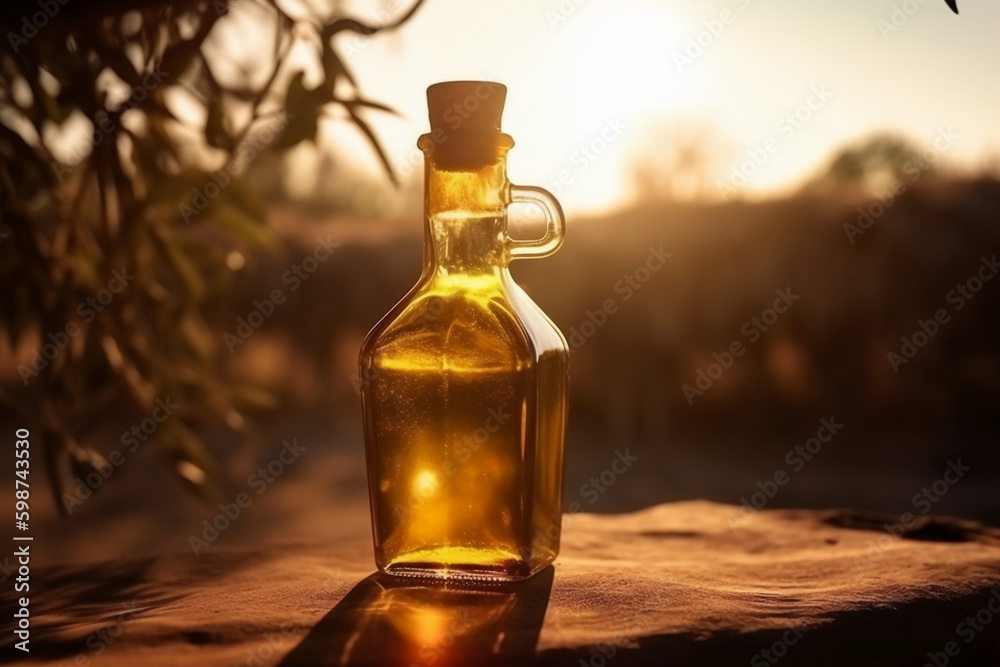 Golden olive oil bottle on wooden table olive field in morning sunshine. AI generative Golden olive oil bottle on wooden table olive field in morning sunshine. AI generative